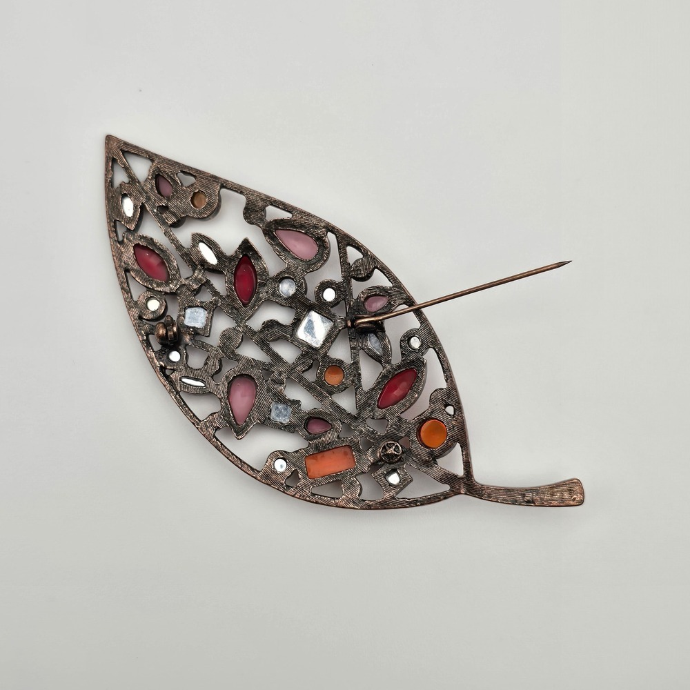 Vtg Leaf Brooch Pin Red Orange Copper Tone Rhinestone Autumn Fall Statement - Picture 2 of 15